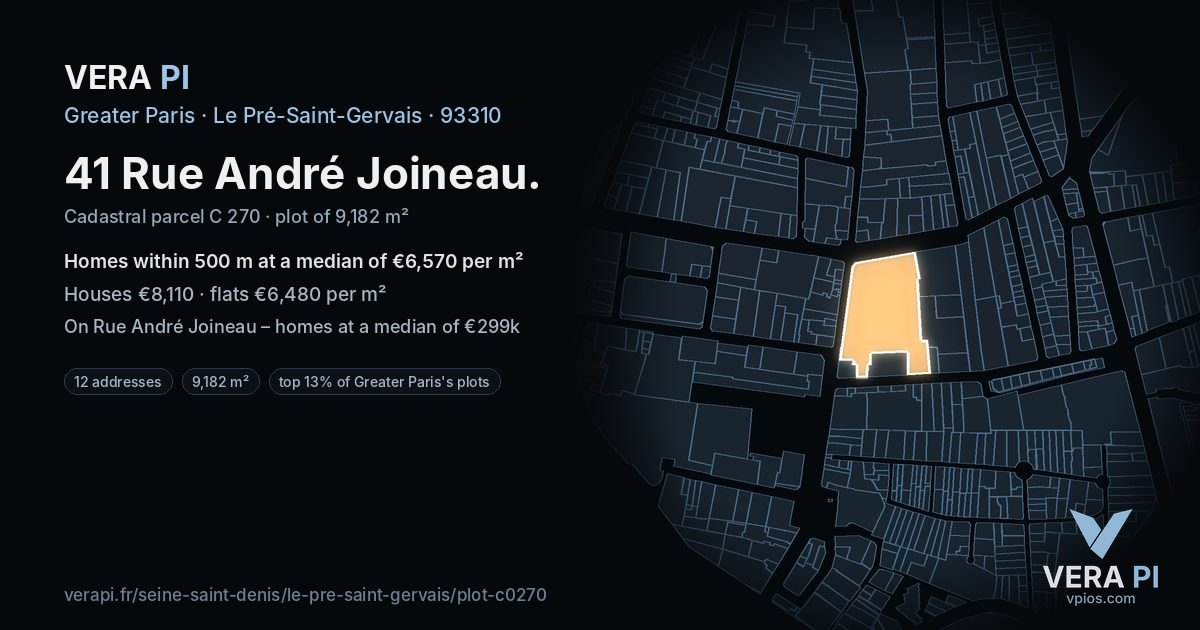 41 Rue André Joineau, Le Pré-Saint-Gervais at night – the plot lit, the parcels around coloured by the prices near them