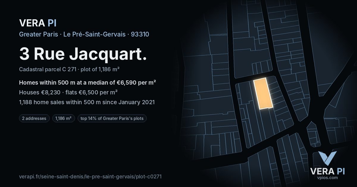 3 Rue Jacquart, Le Pré-Saint-Gervais at night – the plot lit, the parcels around coloured by the prices near them