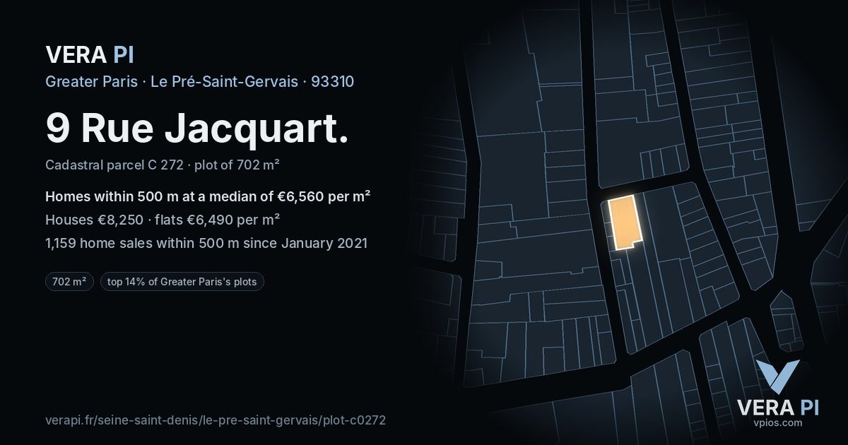 9 Rue Jacquart, Le Pré-Saint-Gervais at night – the plot lit, the parcels around coloured by the prices near them