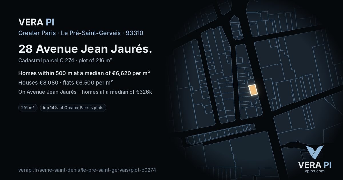 28 Avenue Jean Jaurés, Le Pré-Saint-Gervais at night – the plot lit, the parcels around coloured by the prices near them