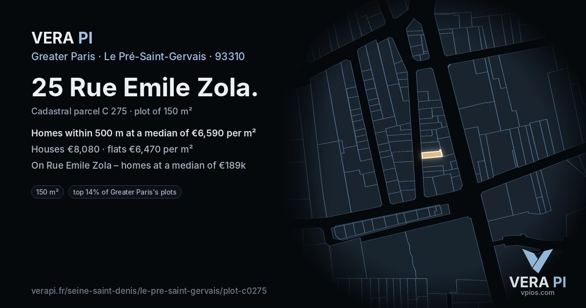 25 Rue Emile Zola, Le Pré-Saint-Gervais at night – the plot lit, the parcels around coloured by the prices near them