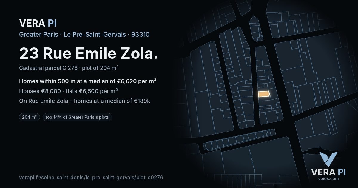 23 Rue Emile Zola, Le Pré-Saint-Gervais at night – the plot lit, the parcels around coloured by the prices near them