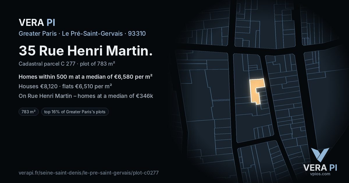 35 Rue Henri Martin, Le Pré-Saint-Gervais at night – the plot lit, the parcels around coloured by the prices near them