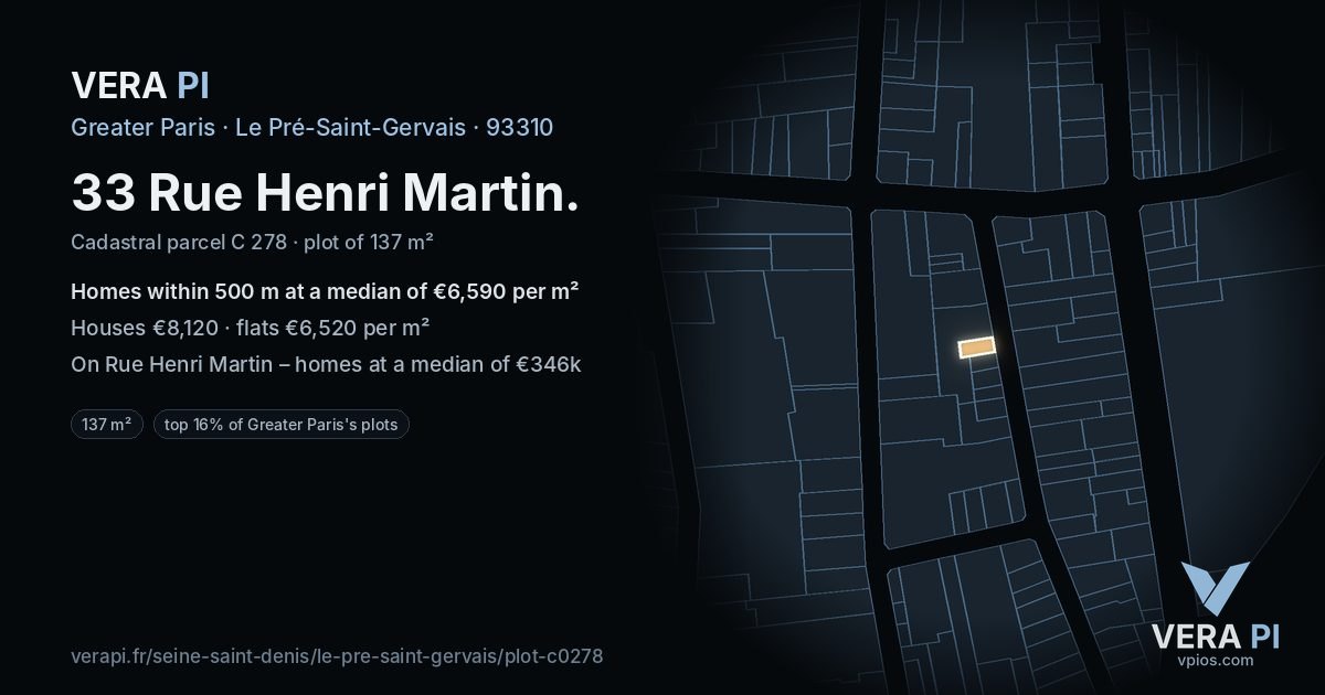 33 Rue Henri Martin, Le Pré-Saint-Gervais at night – the plot lit, the parcels around coloured by the prices near them