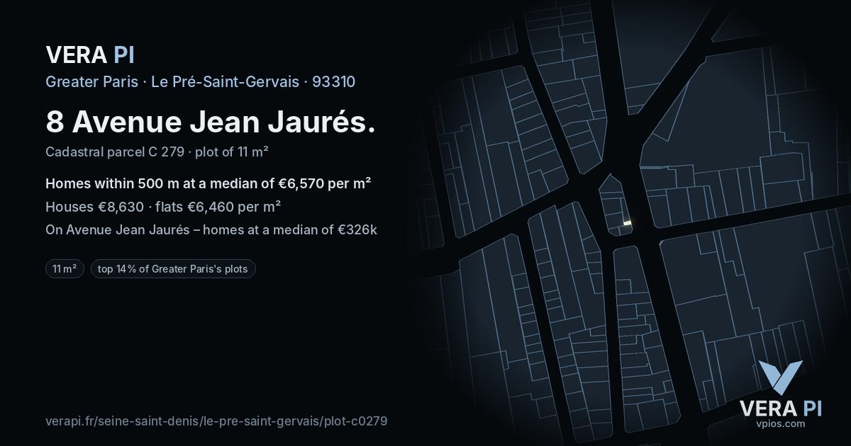 8 Avenue Jean Jaurés, Le Pré-Saint-Gervais at night – the plot lit, the parcels around coloured by the prices near them