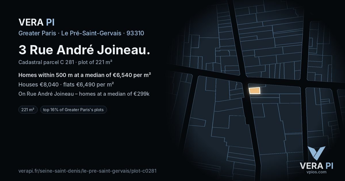 3 Rue André Joineau, Le Pré-Saint-Gervais at night – the plot lit, the parcels around coloured by the prices near them