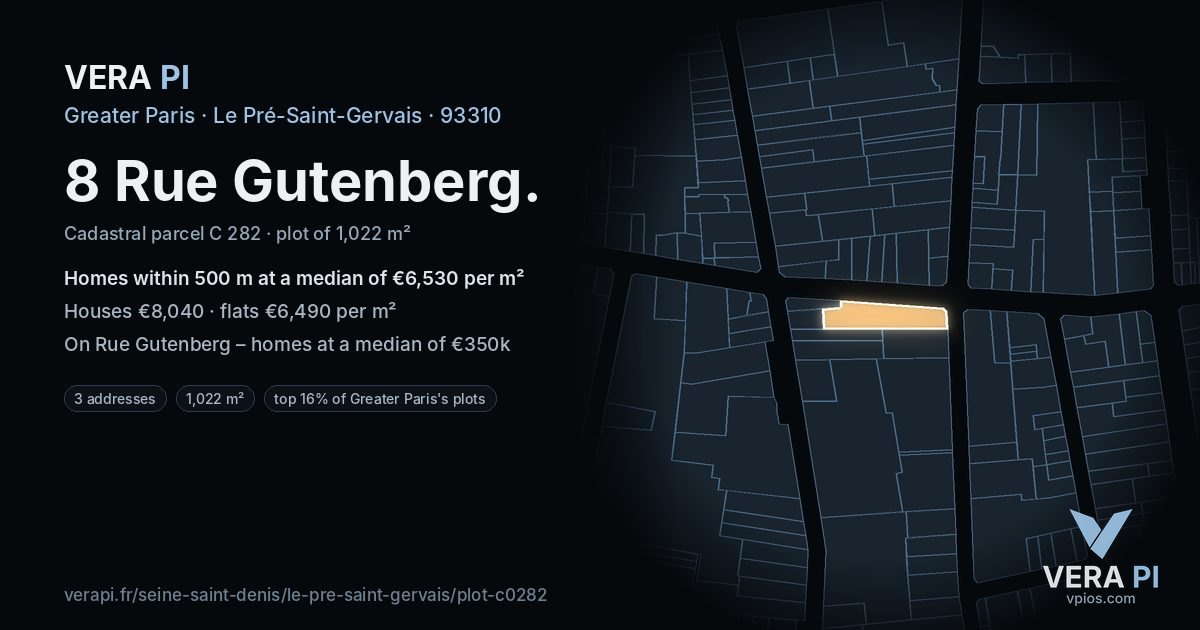 8 Rue Gutenberg, Le Pré-Saint-Gervais at night – the plot lit, the parcels around coloured by the prices near them