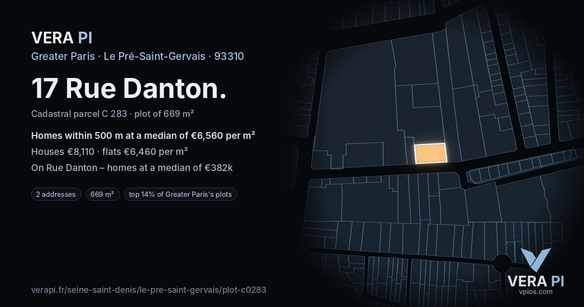 17 Rue Danton, Le Pré-Saint-Gervais at night – the plot lit, the parcels around coloured by the prices near them