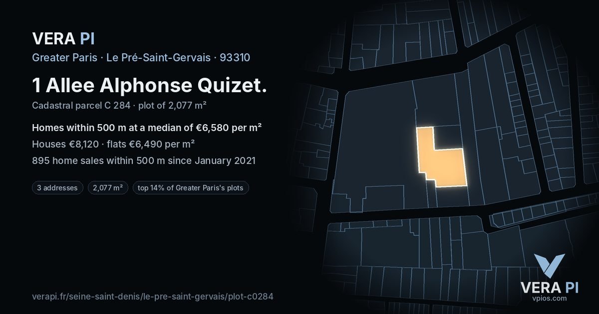 1 Allee Alphonse Quizet, Le Pré-Saint-Gervais at night – the plot lit, the parcels around coloured by the prices near them