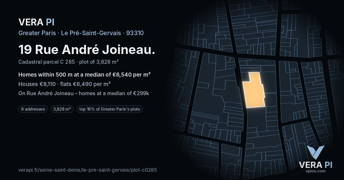19 Rue André Joineau, Le Pré-Saint-Gervais at night – the plot lit, the parcels around coloured by the prices near them