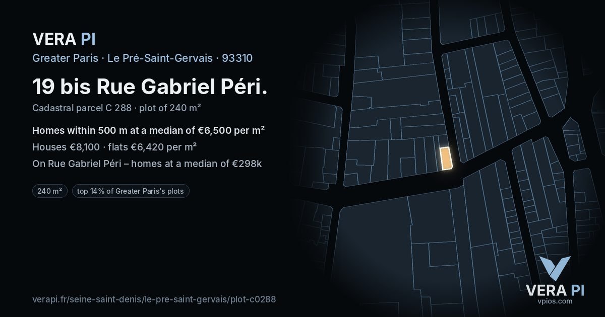 19 bis Rue Gabriel Péri, Le Pré-Saint-Gervais at night – the plot lit, the parcels around coloured by the prices near them