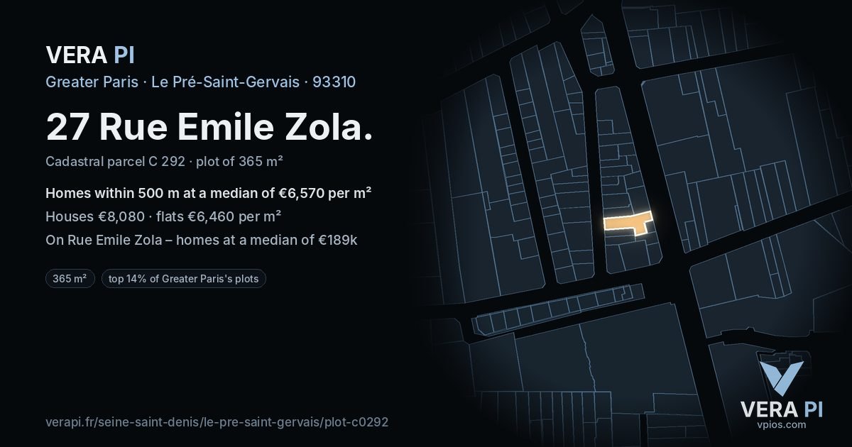 27 Rue Emile Zola, Le Pré-Saint-Gervais at night – the plot lit, the parcels around coloured by the prices near them