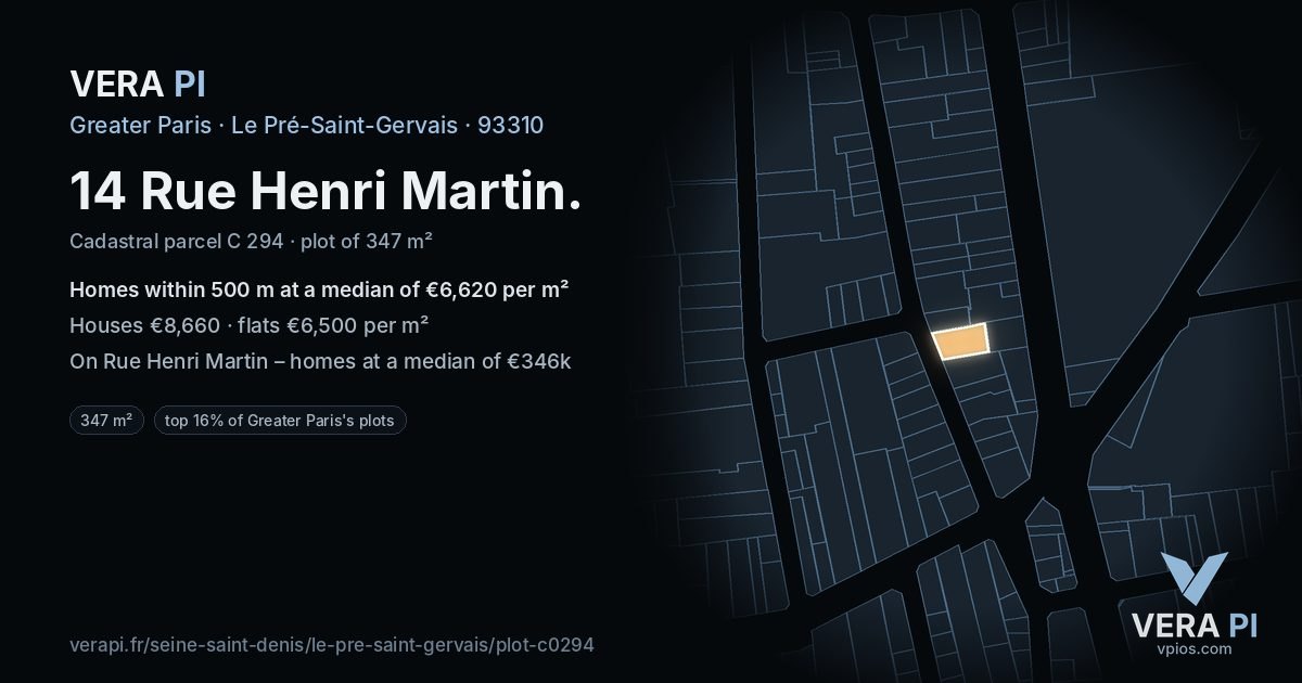 14 Rue Henri Martin, Le Pré-Saint-Gervais at night – the plot lit, the parcels around coloured by the prices near them