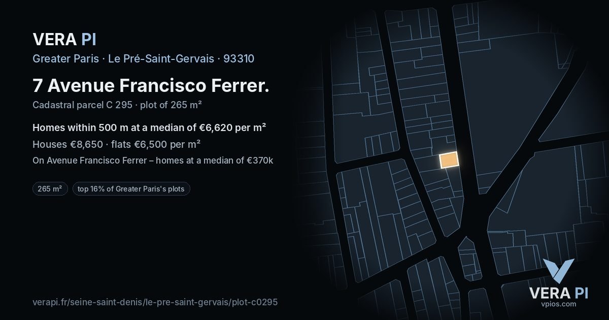 7 Avenue Francisco Ferrer, Le Pré-Saint-Gervais at night – the plot lit, the parcels around coloured by the prices near them