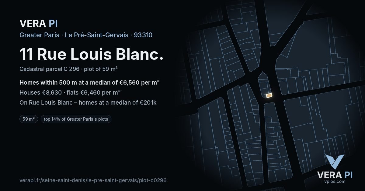 11 Rue Louis Blanc, Le Pré-Saint-Gervais at night – the plot lit, the parcels around coloured by the prices near them
