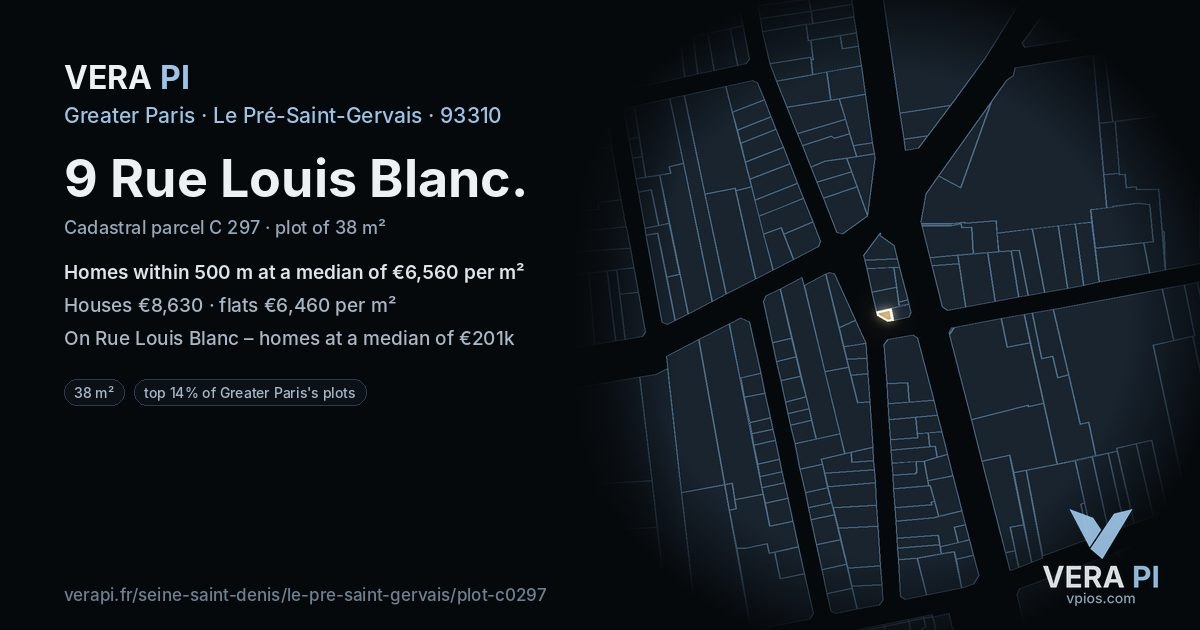 9 Rue Louis Blanc, Le Pré-Saint-Gervais at night – the plot lit, the parcels around coloured by the prices near them