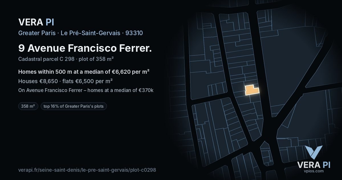 9 Avenue Francisco Ferrer, Le Pré-Saint-Gervais at night – the plot lit, the parcels around coloured by the prices near them