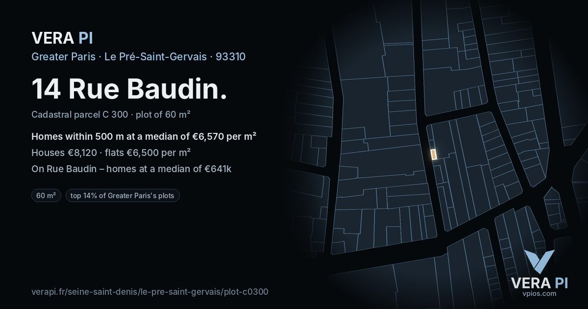14 Rue Baudin, Le Pré-Saint-Gervais at night – the plot lit, the parcels around coloured by the prices near them