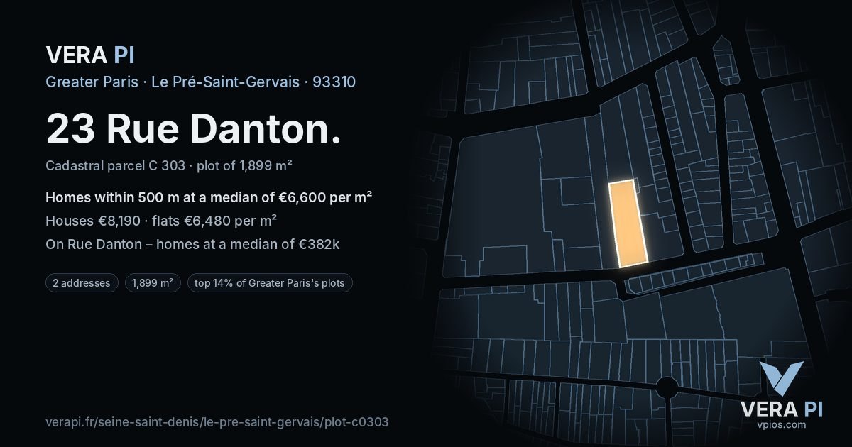 23 Rue Danton, Le Pré-Saint-Gervais at night – the plot lit, the parcels around coloured by the prices near them