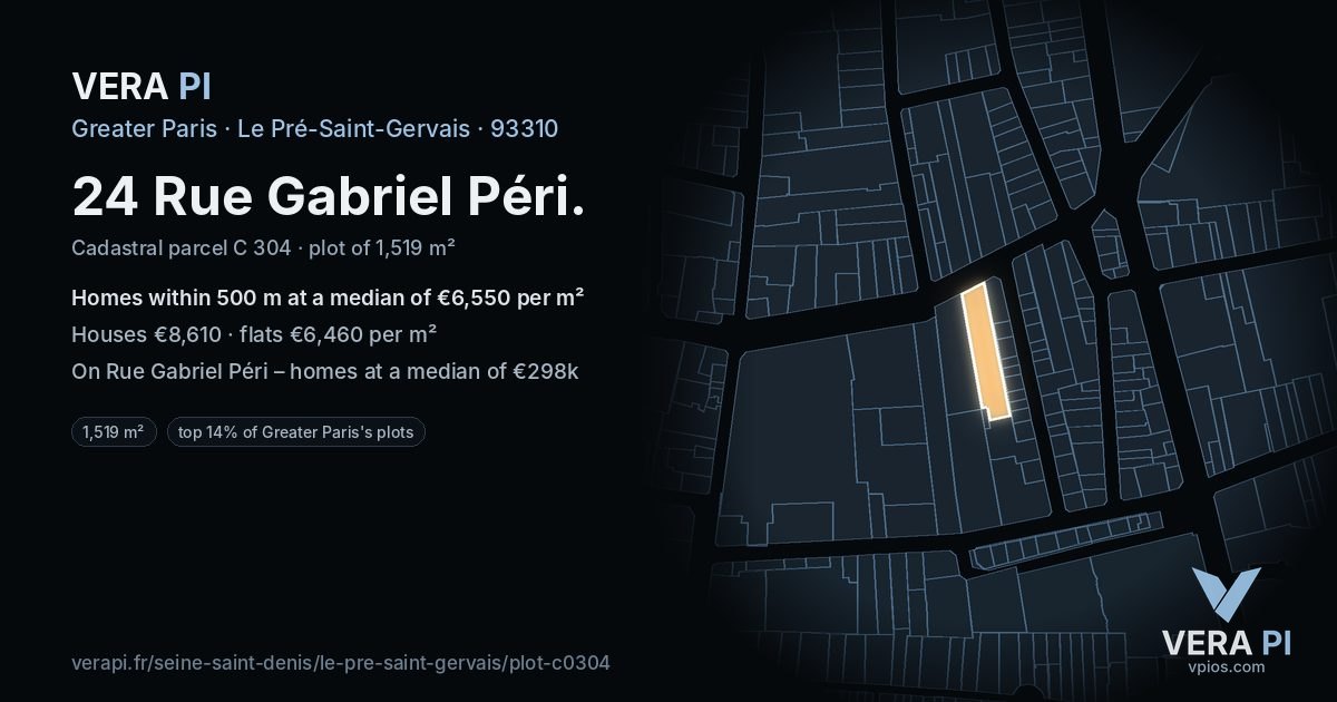 24 Rue Gabriel Péri, Le Pré-Saint-Gervais at night – the plot lit, the parcels around coloured by the prices near them