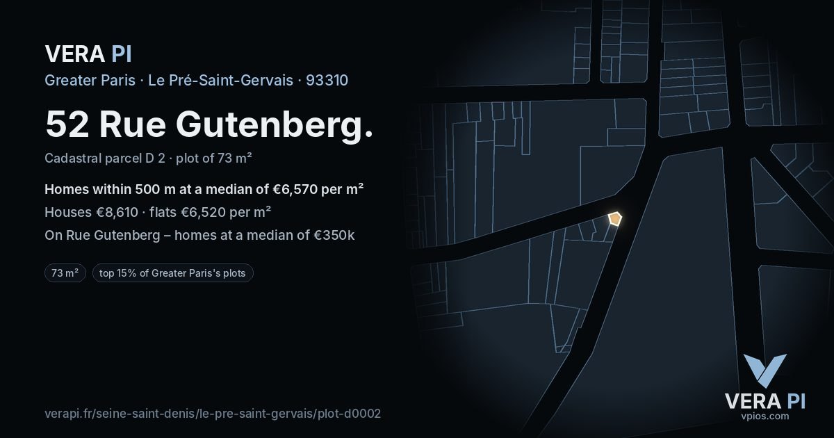 52 Rue Gutenberg, Le Pré-Saint-Gervais at night – the plot lit, the parcels around coloured by the prices near them