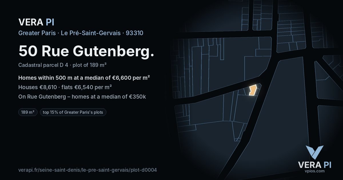 50 Rue Gutenberg, Le Pré-Saint-Gervais at night – the plot lit, the parcels around coloured by the prices near them