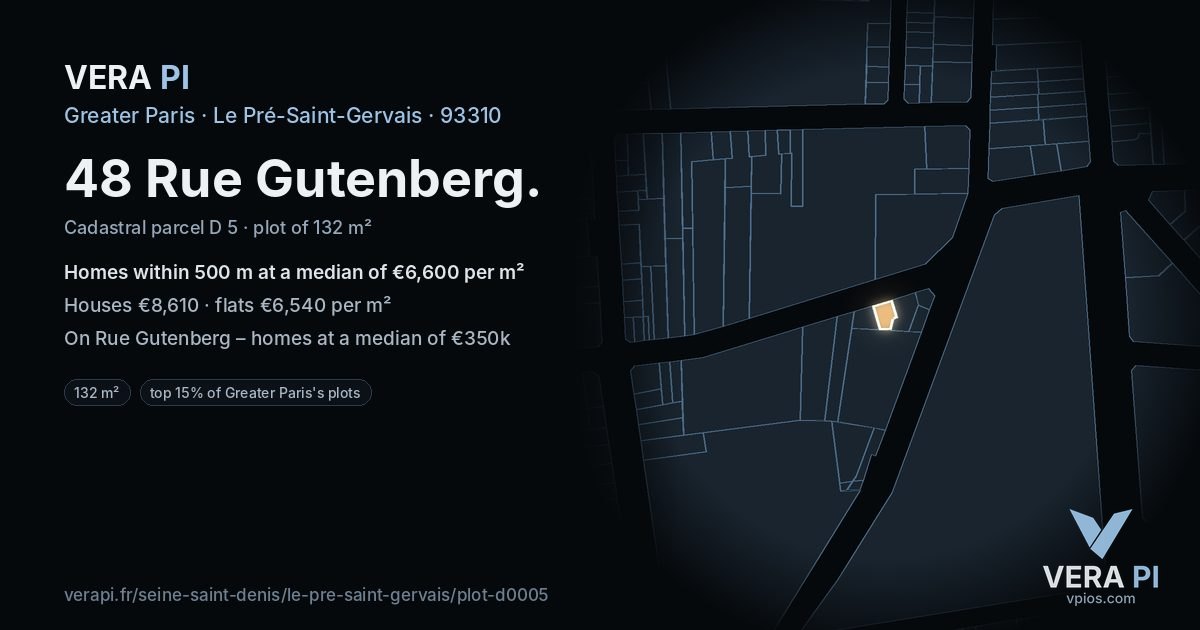 48 Rue Gutenberg, Le Pré-Saint-Gervais at night – the plot lit, the parcels around coloured by the prices near them