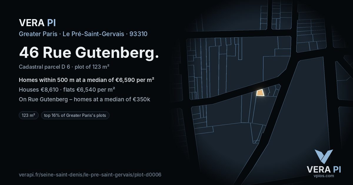46 Rue Gutenberg, Le Pré-Saint-Gervais at night – the plot lit, the parcels around coloured by the prices near them