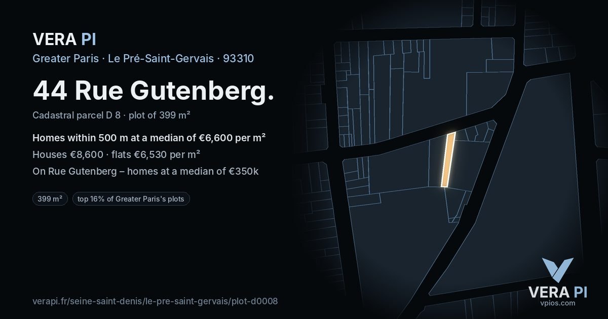 44 Rue Gutenberg, Le Pré-Saint-Gervais at night – the plot lit, the parcels around coloured by the prices near them