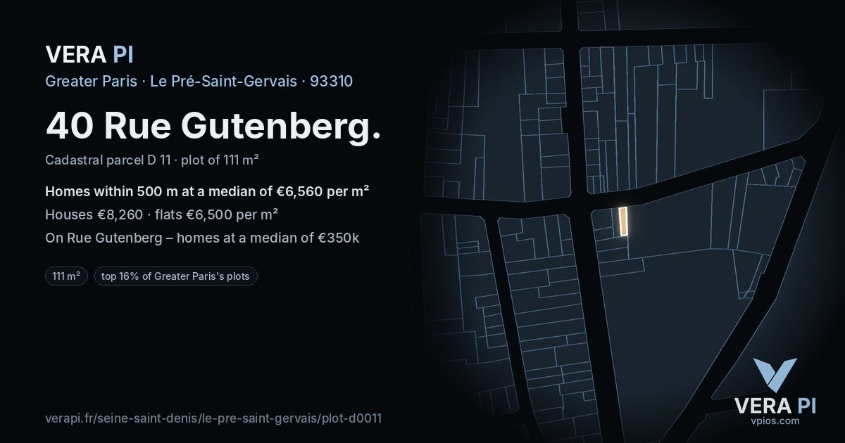 40 Rue Gutenberg, Le Pré-Saint-Gervais at night – the plot lit, the parcels around coloured by the prices near them