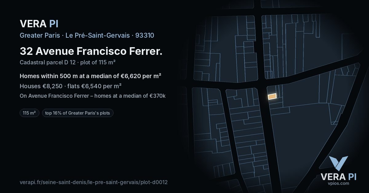32 Avenue Francisco Ferrer, Le Pré-Saint-Gervais at night – the plot lit, the parcels around coloured by the prices near them