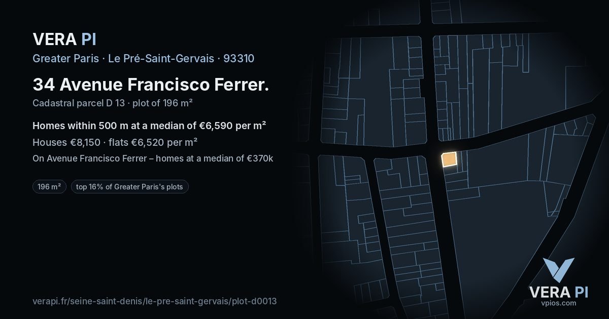 34 Avenue Francisco Ferrer, Le Pré-Saint-Gervais at night – the plot lit, the parcels around coloured by the prices near them