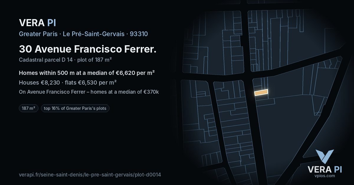 30 Avenue Francisco Ferrer, Le Pré-Saint-Gervais at night – the plot lit, the parcels around coloured by the prices near them