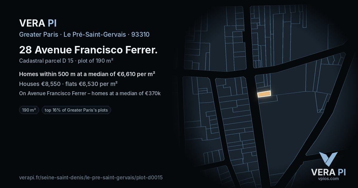 28 Avenue Francisco Ferrer, Le Pré-Saint-Gervais at night – the plot lit, the parcels around coloured by the prices near them