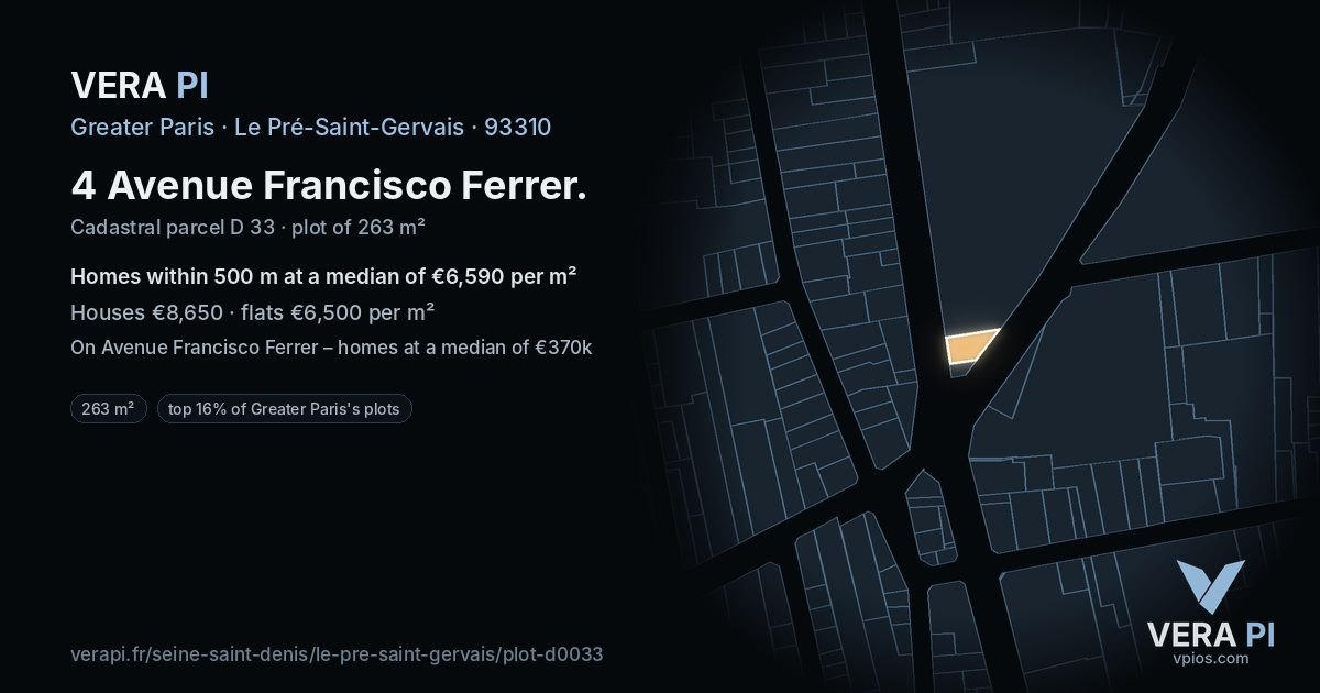 4 Avenue Francisco Ferrer, Le Pré-Saint-Gervais at night – the plot lit, the parcels around coloured by the prices near them