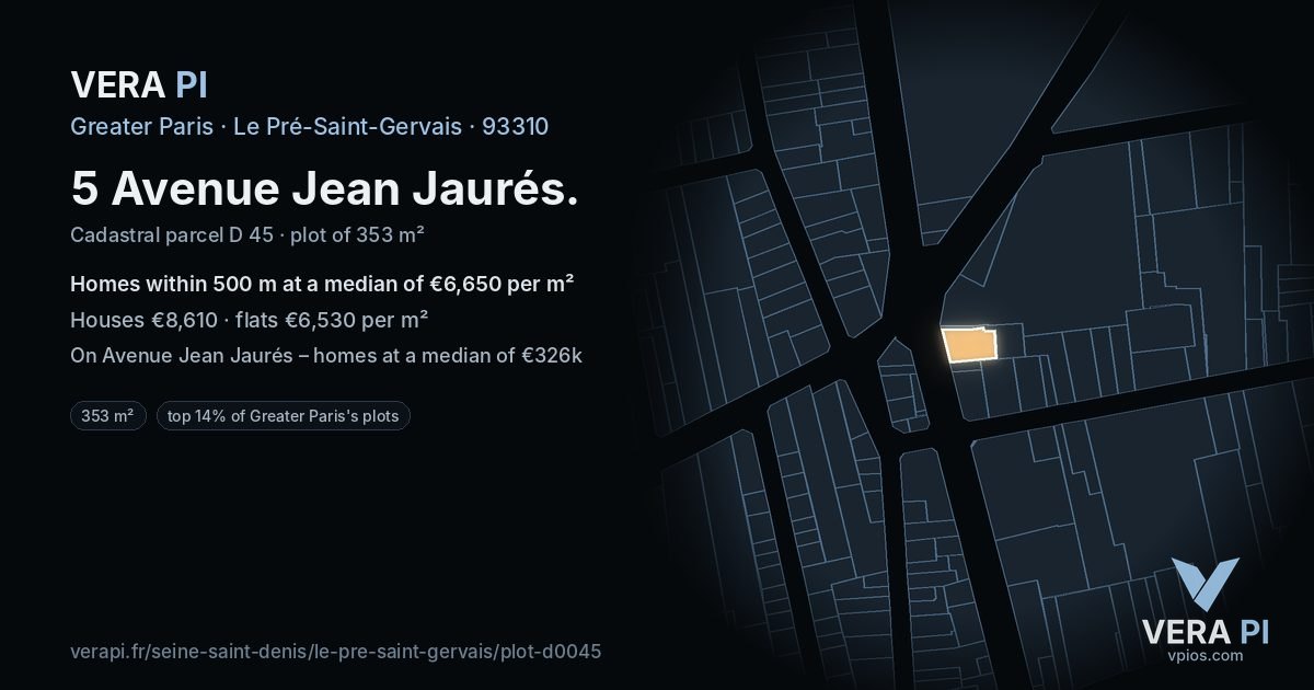 5 Avenue Jean Jaurés, Le Pré-Saint-Gervais at night – the plot lit, the parcels around coloured by the prices near them