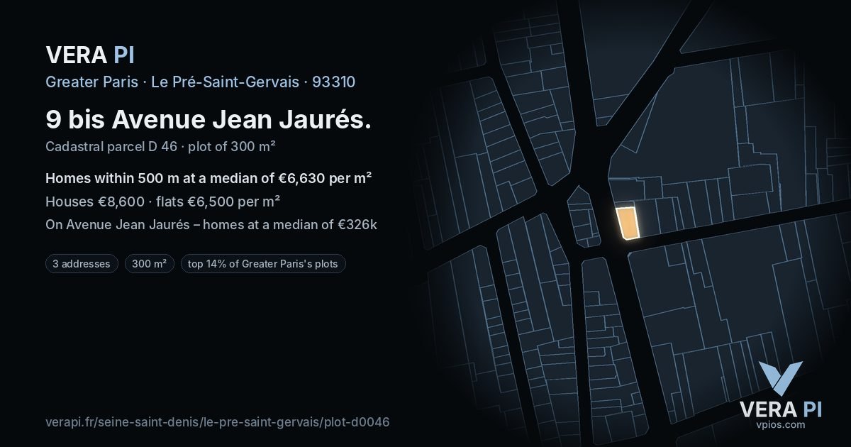 9 bis Avenue Jean Jaurés, Le Pré-Saint-Gervais at night – the plot lit, the parcels around coloured by the prices near them