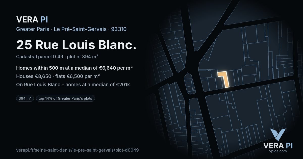 25 Rue Louis Blanc, Le Pré-Saint-Gervais at night – the plot lit, the parcels around coloured by the prices near them