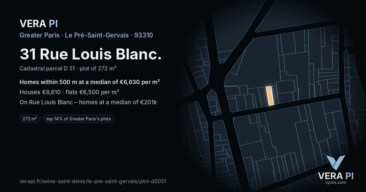 31 Rue Louis Blanc, Le Pré-Saint-Gervais at night – the plot lit, the parcels around coloured by the prices near them
