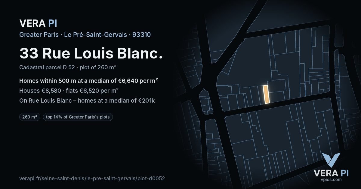 33 Rue Louis Blanc, Le Pré-Saint-Gervais at night – the plot lit, the parcels around coloured by the prices near them