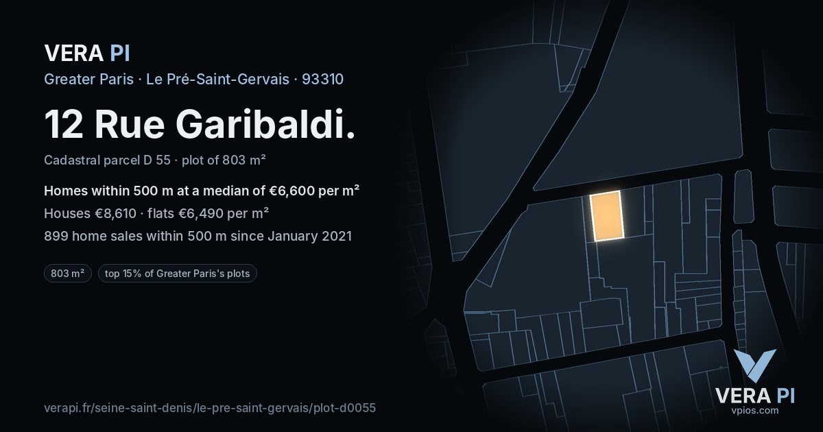 12 Rue Garibaldi, Le Pré-Saint-Gervais at night – the plot lit, the parcels around coloured by the prices near them