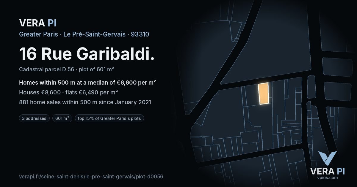16 Rue Garibaldi, Le Pré-Saint-Gervais at night – the plot lit, the parcels around coloured by the prices near them