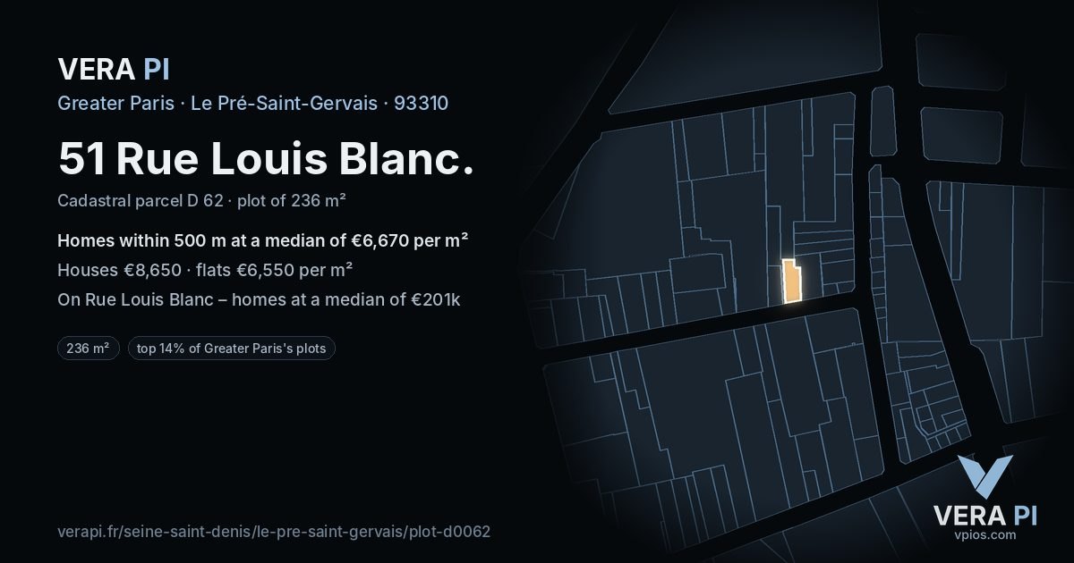 51 Rue Louis Blanc, Le Pré-Saint-Gervais at night – the plot lit, the parcels around coloured by the prices near them