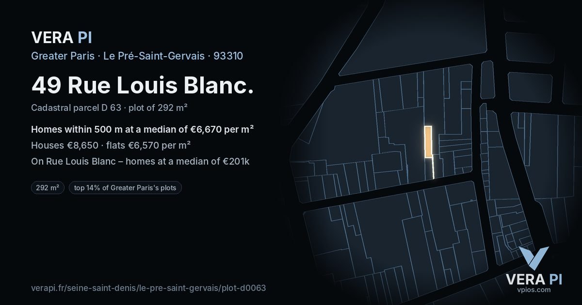 49 Rue Louis Blanc, Le Pré-Saint-Gervais at night – the plot lit, the parcels around coloured by the prices near them