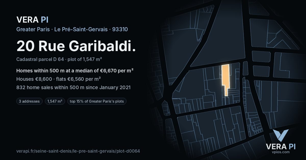 20 Rue Garibaldi, Le Pré-Saint-Gervais at night – the plot lit, the parcels around coloured by the prices near them
