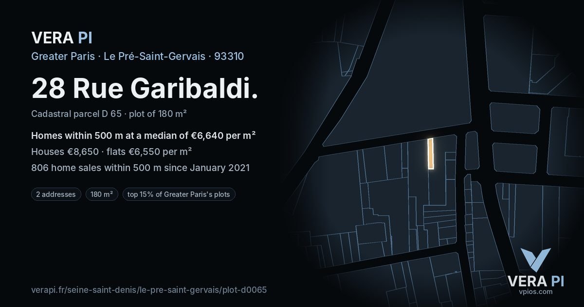 28 Rue Garibaldi, Le Pré-Saint-Gervais at night – the plot lit, the parcels around coloured by the prices near them