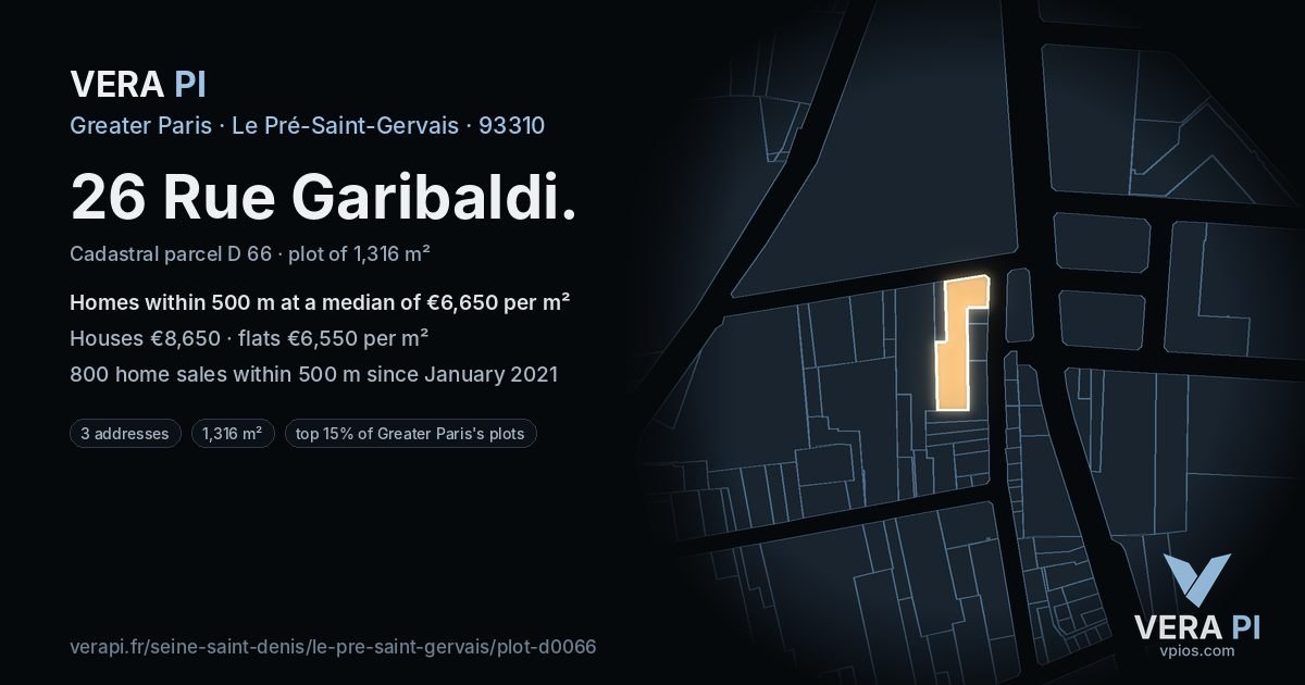 26 Rue Garibaldi, Le Pré-Saint-Gervais at night – the plot lit, the parcels around coloured by the prices near them