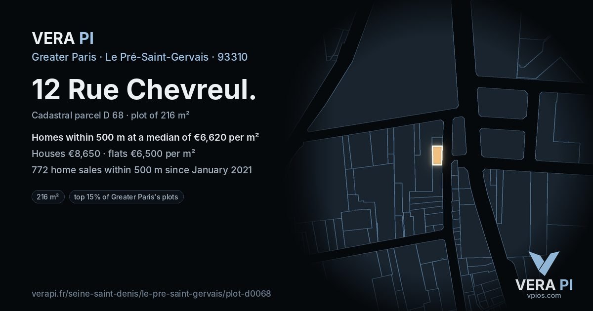 12 Rue Chevreul, Le Pré-Saint-Gervais at night – the plot lit, the parcels around coloured by the prices near them