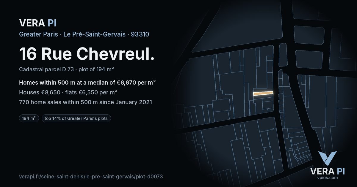 16 Rue Chevreul, Le Pré-Saint-Gervais at night – the plot lit, the parcels around coloured by the prices near them