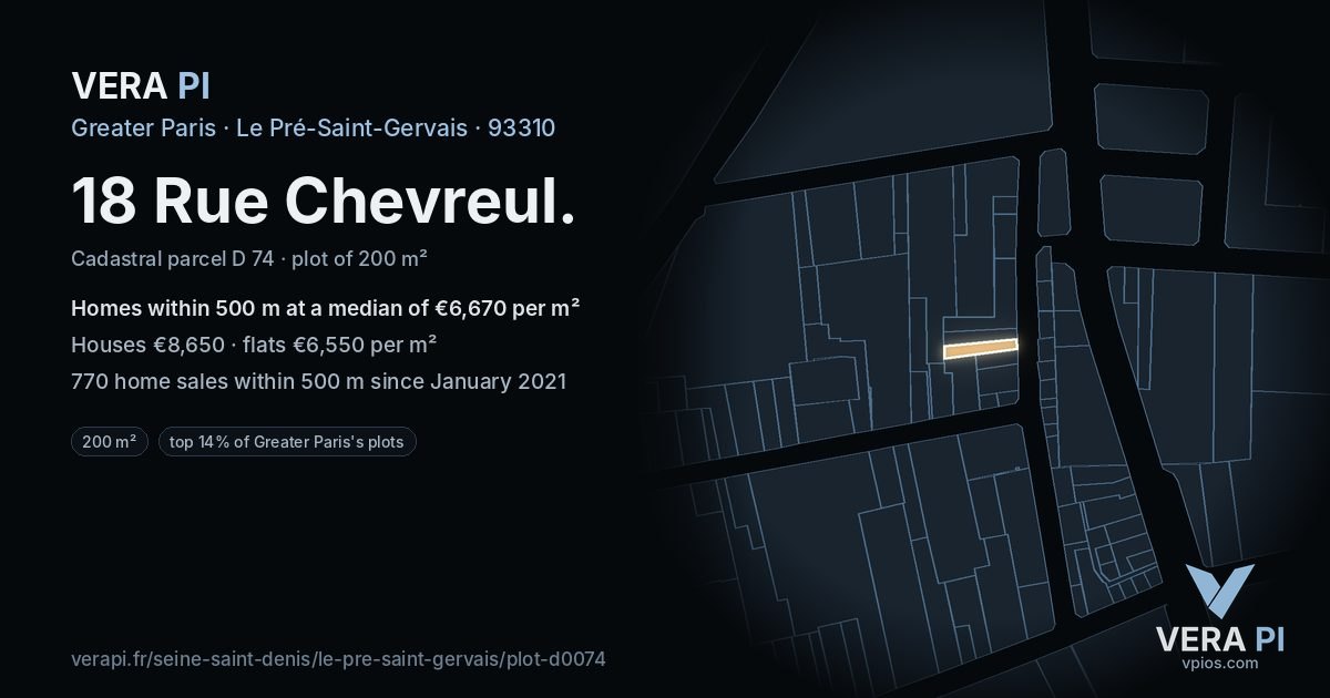 18 Rue Chevreul, Le Pré-Saint-Gervais at night – the plot lit, the parcels around coloured by the prices near them